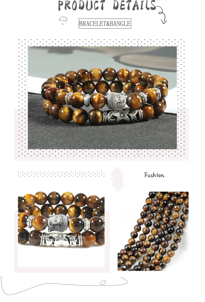 2pcs/set Buddha Head Bracelet for Women Men Natural Tiger Eye Lava Stone Yoga Beads Distance Bracelets Charm Couple Jewelry Gift