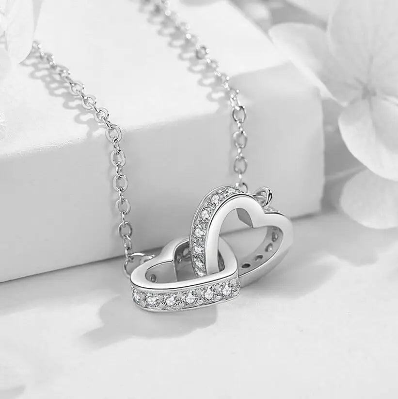 Hot Sale Fashion Double Love Heart Zircon Pendant Necklace 925 Sterling Silver Rose Gold Rhinestone Necklaces Women Jewelry Gift