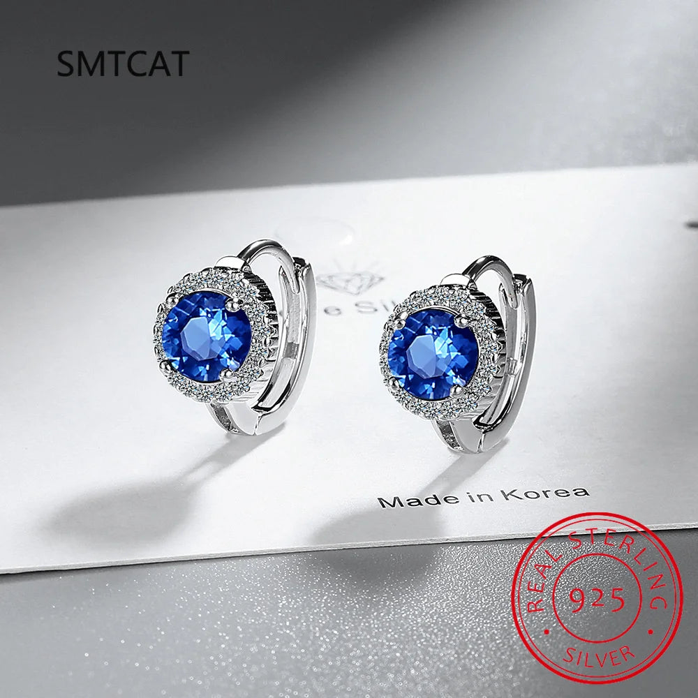 Round Cut Created Blue Sapphire 925 Sterling Silver Hoop Earrings for Women Fashion Statement Gemstone Jewelry Huggies