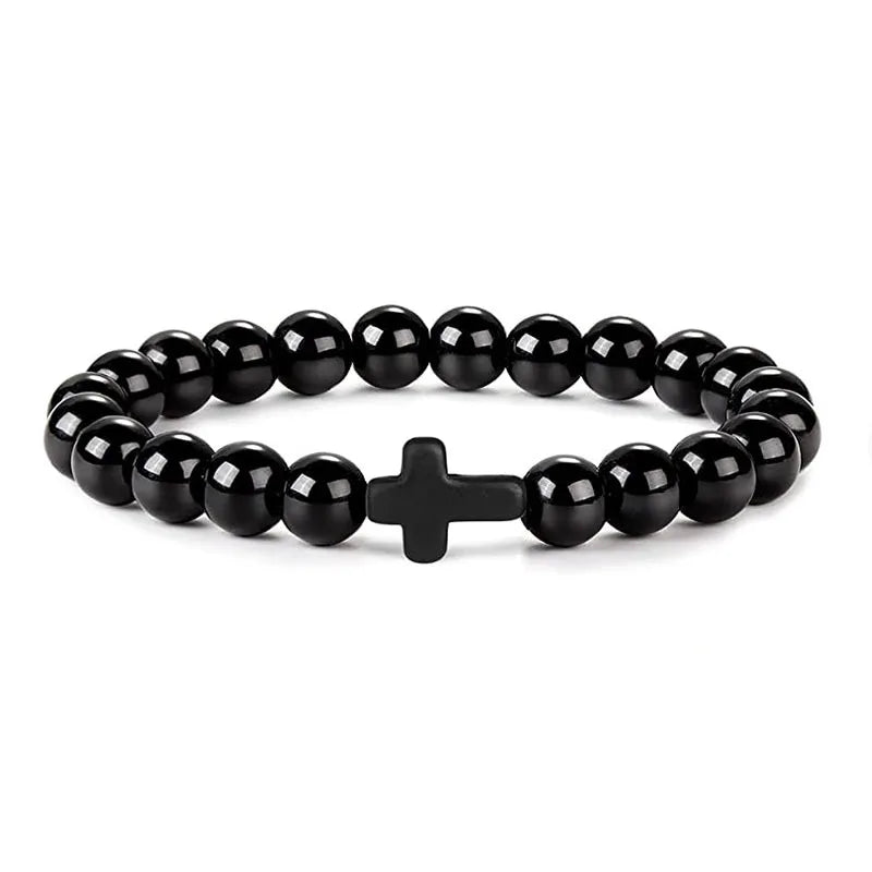 Men Natural Stone Bead Cross Bracelet Onyx Meditation Bracelet Women Yoga Jewelry Homme Pulser Lava Turquoise Beaded Bracelets