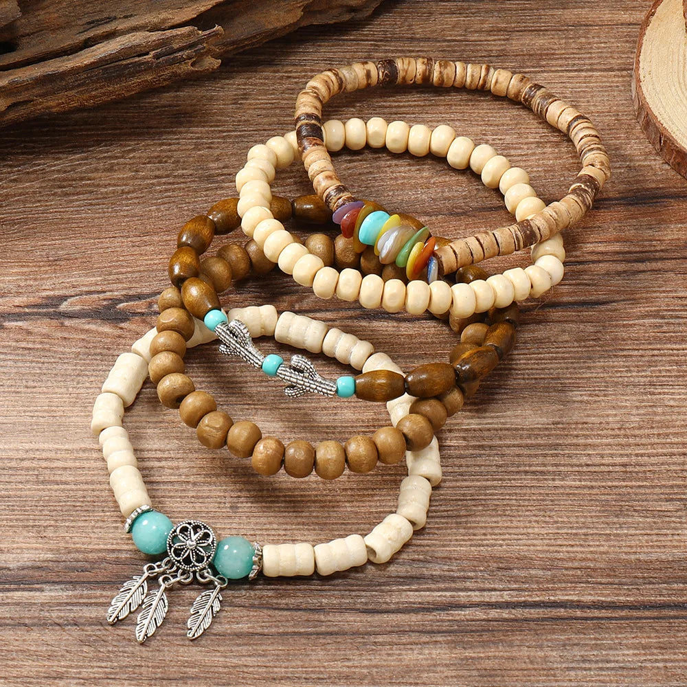 Ethnic 4-5pc/set wood bead tree Cactus Charms bracelets Hamsa Hand Butterfly Bohemia Men Bracelets For Women Female Jewelry