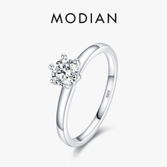 Modian 925 Sterling Silver Classic Simple Round Clear CZ Finger Rings Size 5 6 7 8 9 For Women Wedding Statement Jewelry Gifts